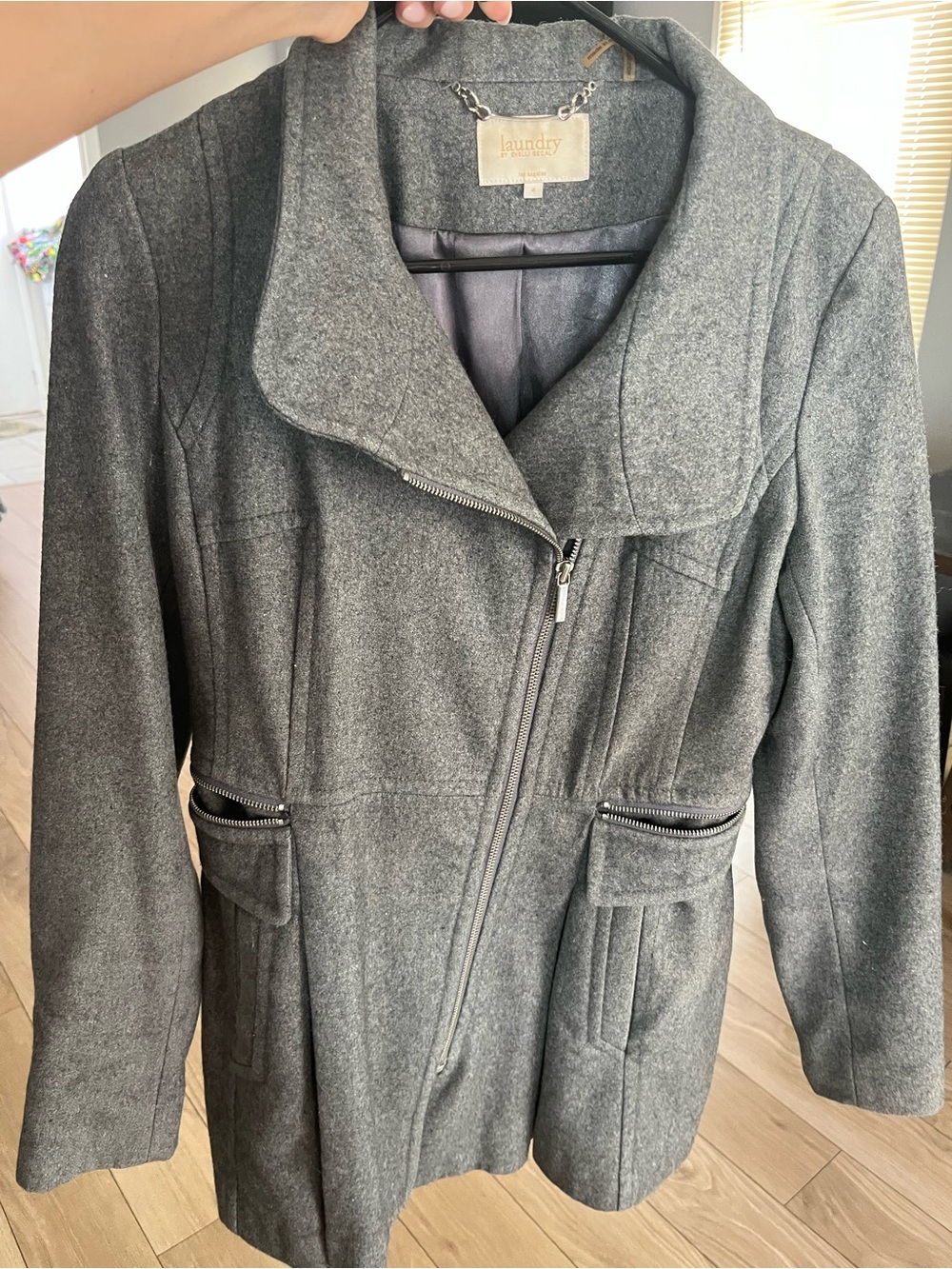 Laundry By Shelli Segal Gray Zip 64% Wool-Blend Pea Coat